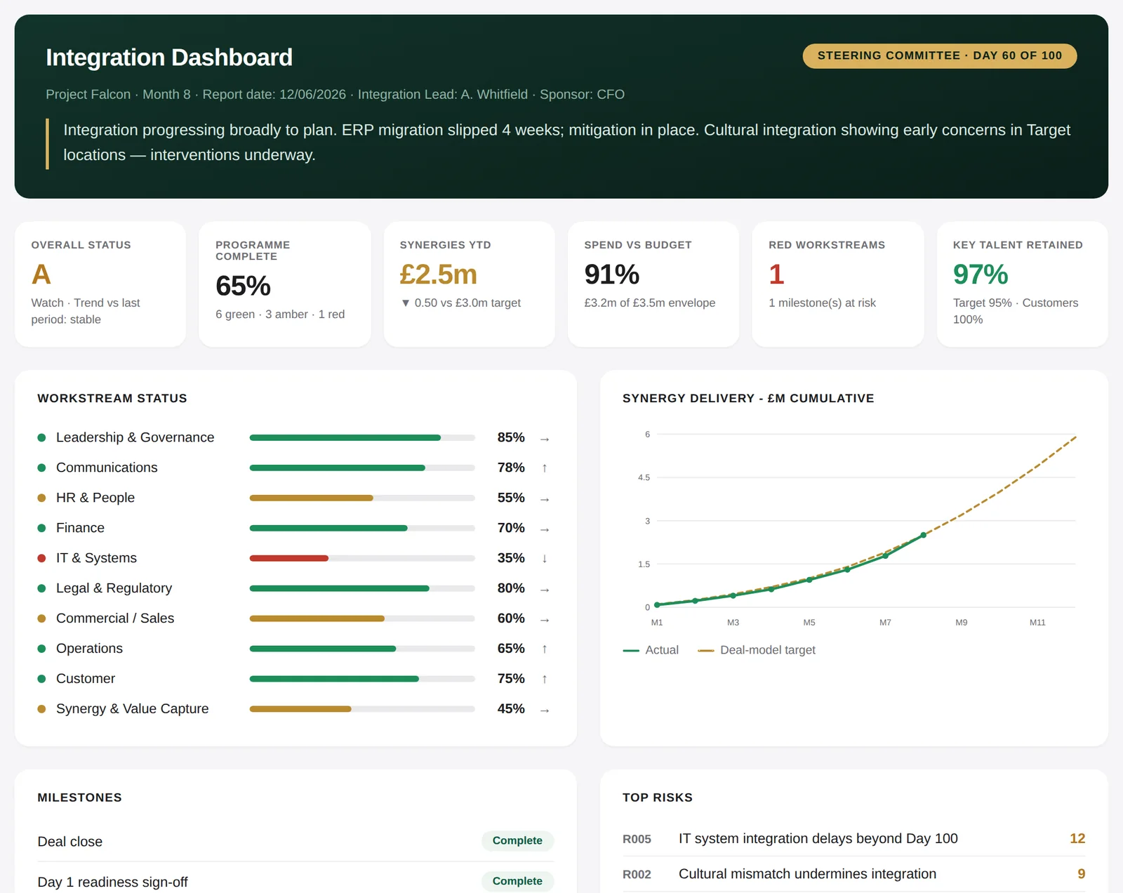 Board View: overall status, KPIs and workstream progress rendered from the Board Dashboard workbook